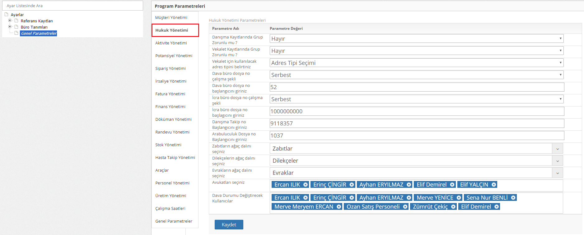hukuk yönetimi ayarları